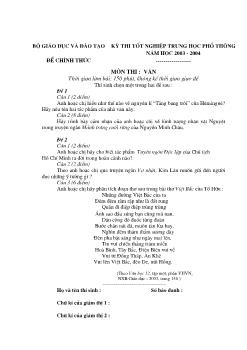 Đề thi tốt nghiệp trung học phổ thông năm học 2003 - 2004 - Môn Văn