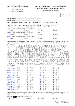 Đề thi tuyển sinh cao đẳng năm 2008 môn thi Tiếng Trung Quốc - Khối D - Mã đề thi 276