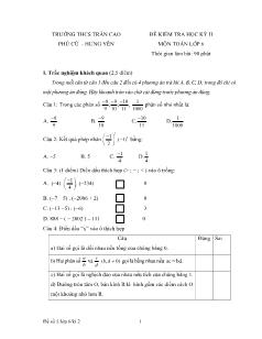 Đề kiểm tra học kỳ II môn toán lớp 6 - Trường THCS Trần Cao Phù Cừ - Hưng Yên
