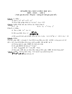 Đề kiểm tra chất lượng học kì I, môn: Toán, lớp 8 - Đề 3