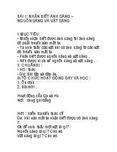 Bài giảng Môn Vật lý lớp 7 - Bài 1: Nhận biết ánh sáng – nguồn sáng và vật sáng (tiết 9)