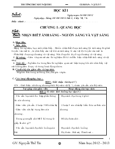 Bài giảng Môn Vật lý lớp 7 - Tiết 1: Bài 1: Nhận biết ánh sáng - Nguồn sáng và vật sáng (tiết 1)