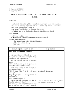 Bài giảng Môn Vật lý lớp 7 - Tiết 1: Nhận biết ánh sáng - Nguồn sáng và vật sáng (tiết 3)