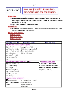 Bài giảng Môn Vật lý lớp 7 - Tuần 1 - Tiết 1 - Bài 1 - Nhận biết ánh sáng – nguồn sáng và vật sáng (tiết 31)