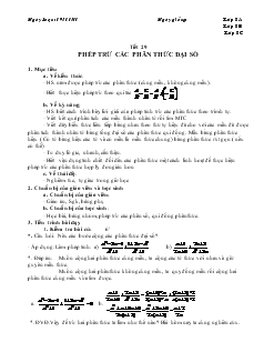 Giáo án Đại số 8 Tiết 29 Phép trừ các phân thức đại số
