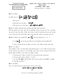 Kiểm tra chất lượng vào lớp 10 môn Toán Năm học 2008 – 2009
