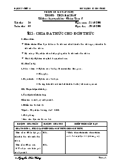 Giáo án môn Đại số 8 (chuẩn) - Trường THCS Bắc Sơn - Tiết 16: Chia đa thức cho đơn thức