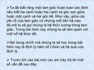 Bài giảng Toán 4 Định lý hàm số Côsin