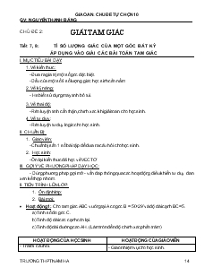 Giáo án Chủ đề tự chọn toán 10 Tiết 7, 8 Tỉ số lượng giác của một góc bất kỳ áp dụng vào giải các bài toán tam giác