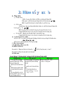 Giáo án Đại số 10 nâng cao Tiết 13 Hàm số y= ax+ b