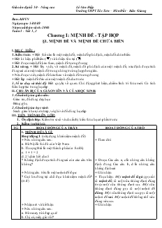 Giáo án Đại số 10 nâng cao Tuần 1 - Tiết 1, 2 Mệnh đề và mệnh đề chứa biến