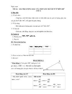 Giáo án Đại số 10 Tiết 14 Giá trị lượng giác của một góc bất kì từ 0 đến 180 (tiết 1)
