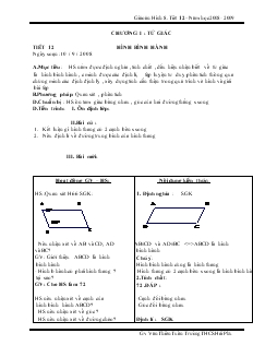 Giáo án Hình học 8 năm học 2008- 2009 Tiết 12 Hình Bình Hành