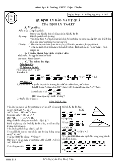 Giáo án Hình học 8 Trường THCS Triệu Thuận Tiết 38 Định lý đảo và hệ quả của định lý ta-lét