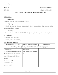 Giáo án môn Số học lớp 6 - Tuần 8 - Tiết: 22 - Bài 12: Dấu hiệu chia hết cho 3, cho 9