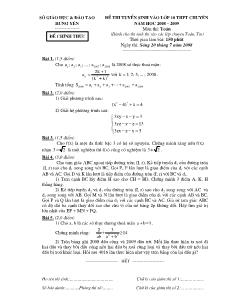 Đề thi tuyển sinh vào lớp 10 THPT chuyên năm học 2008 – 2009 môn thi: Toán