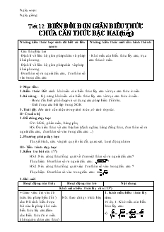 Giáo án Đại số khối 9 - Tiết 12: Biến đổi đơn giản biểu thức chứa căn thức bậc hai (tiếp)