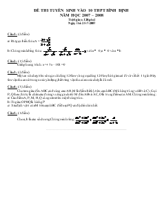 Đề thi và đáp án tuyển sinh vào 10 THPT Bình Định năm học 2007 – 2008