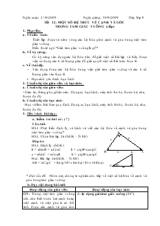 Giáo án môn Hình học khối 9 - Tiết 12: Một số hệ thức về cạnh và góc trong tam giác vuông (tiếp)