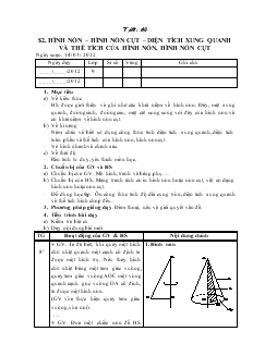 Giáo án môn Hình học lớp 9 - Tiết 60: Hình nón, hình nón cụt, diện tích xung quanh và thể tích của hình nón, hình nón cụt