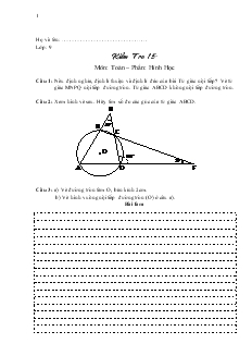 Kieåm tra 15 phút môn: Toán – Phần: Hình học