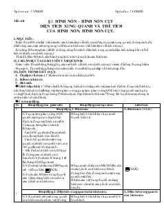 Giáo án Hình học khối 9 - Tiết 60: Hình nón, hình nón cụt diện tích xung quanh và thể tích của hình nón, hình nón cụt