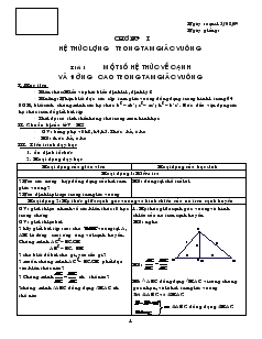 Giáo án Hình học lớp 9 - Trường THCS Khánh Hội A - Tiết 1: Một số hệ thức về cạnh và đường cao trong tam giác vuông