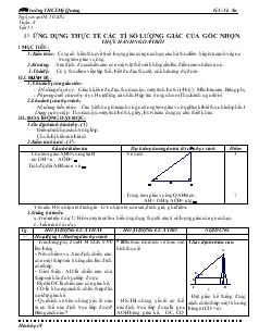 Giáo án môn Hình học khối 9 - Tiết 15: Ứng dụng thực tế các tỉ số lượng giác của góc nhọn