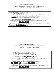 Đề kiểm tra 1 tiết (lần 2) môn: Toán (Hình học) - Chương trình nâng cao lớp: 10 – Năm học: 2008 - 2009