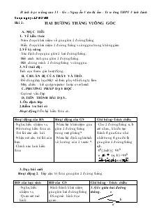 Giáo án lớp 11 môn Hình học - Bài 2: Hai đường thẳng vuông góc