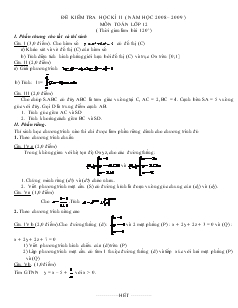 Đề kiểm tra học kì II ( năm học 2008 – 2009 ) môn toán lớp 12 ( thời gian làm bài 120 phút)