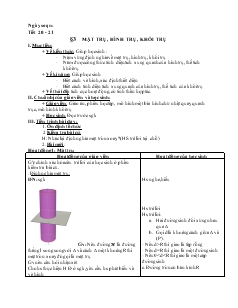 Giáo án lớp 12 môn Hình học -Tiết 20 - 21 - Bài 03: Mặt trụ, hình trụ, khối trụ