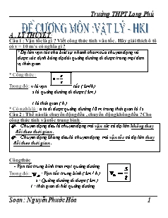 Đề cương môn Vật lý 8 - Học kì 1