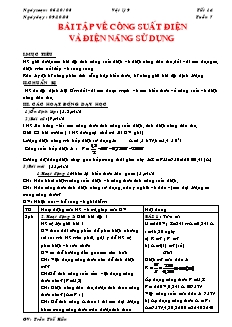 Giáo án môn Vật lý 9 - Tiết 14: Bài tập về công suất điện và điện năng sử dụng
