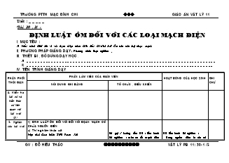 Giáo án Vật lý 11 - Bài 30. 31: Định luật ôm đối với các loại mạch điện