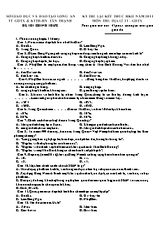Kỳ thi lại kết thúc học kì II năm 2011 môn thi: Địa lí 11  thời gian làm bài: 45 phút, không kể thời gian giao đề